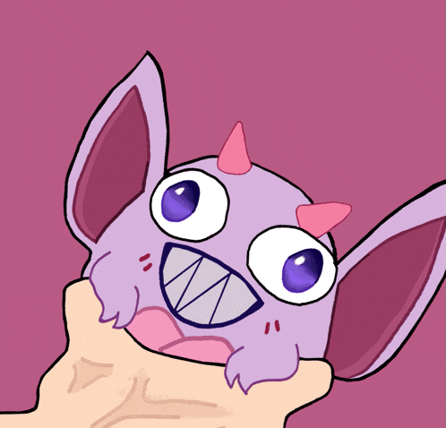 a purple monster with horns is being held by someone