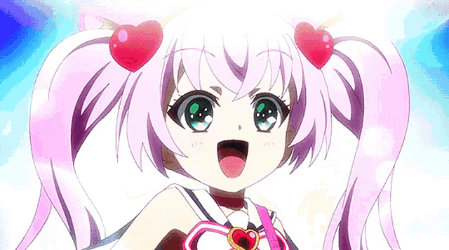 a close up of a girl with pink hair and a red heart on her head
