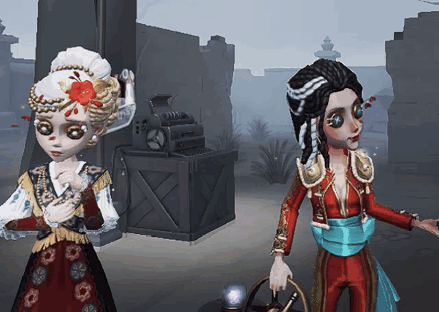 two cartoon characters standing next to each other in front of a box