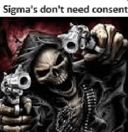 a skeleton is holding two guns in his hands in a meme .