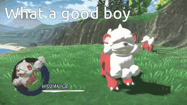 a video game screen says what a good boy and shows a red and white dog
