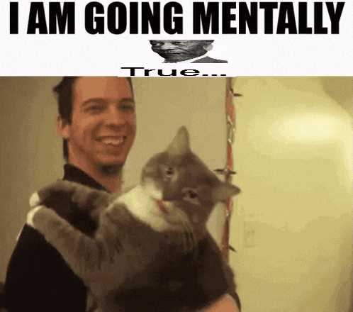 a man holding a cat with the words i am going mentally true