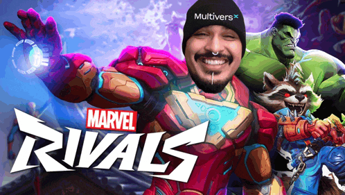 a poster for marvel rivals with a man in iron man costume