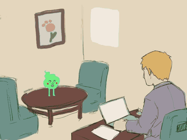 a drawing of a man sitting at a desk with a laptop and a green monster sitting on a coffee table