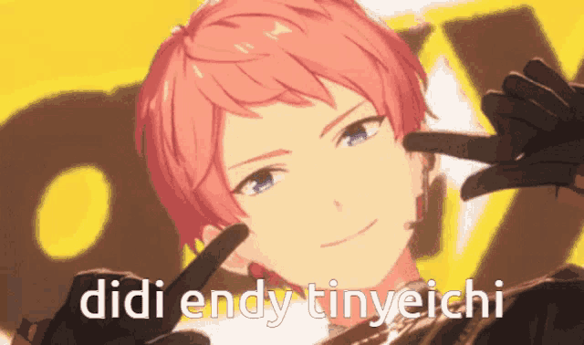 a boy with pink hair and blue eyes is making a face with his hands and the words didi endy tinyeichi above him