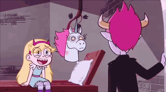 a cartoon of a girl sitting next to a unicorn and a man with horns