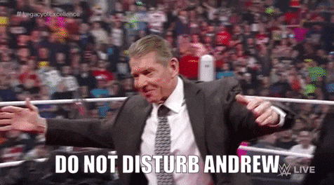 a man in a suit and tie is standing in a wrestling ring and says do not disturb andrew .