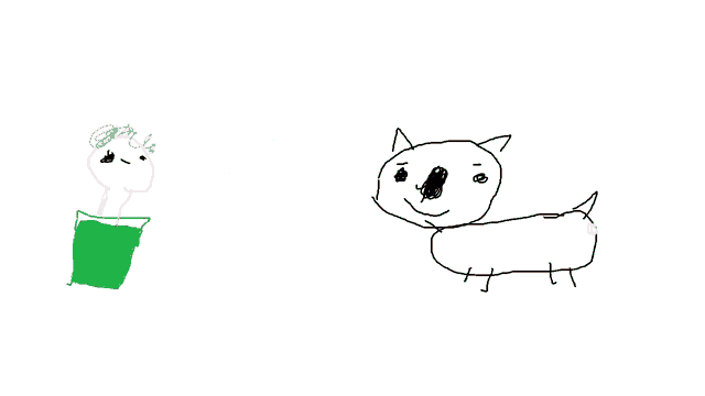 a drawing of a cat and a man with a beard on a white background