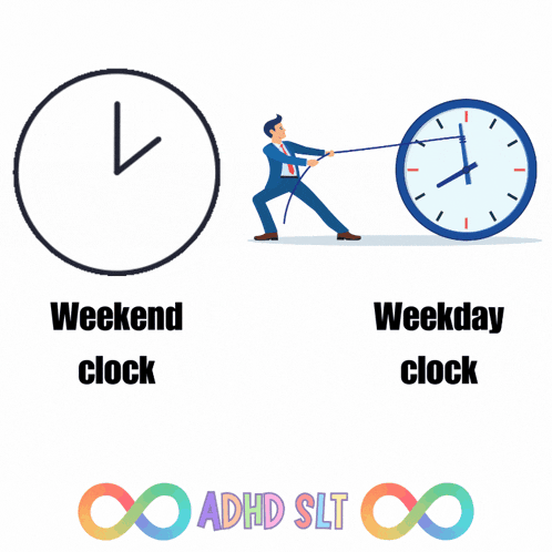 a man is pulling a clock with the words weekend clock and weekday clock