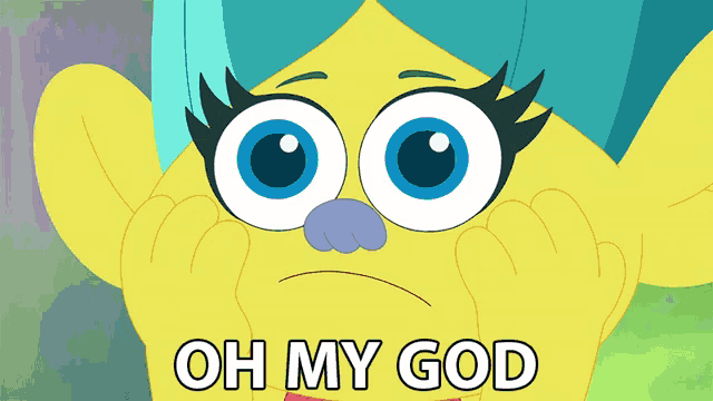 a cartoon character with big blue eyes and the words oh my god on the bottom
