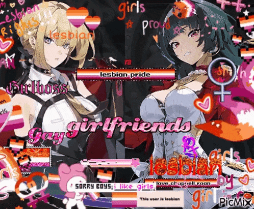 a couple of anime girls standing next to each other with the words gay girlfriends written on the bottom .