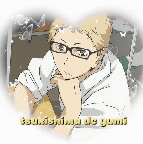 a picture of a boy with glasses and the name tsukishima de yumi on the bottom