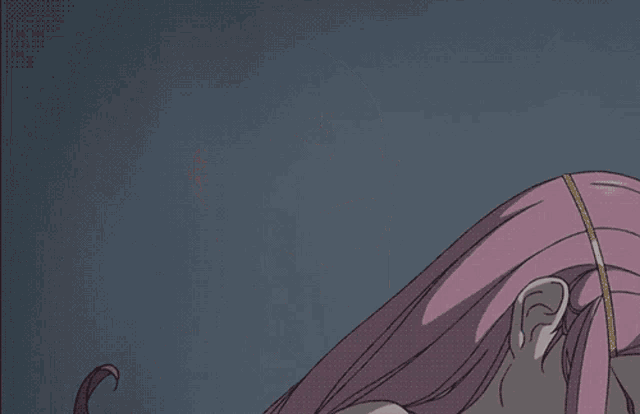 a woman with long pink hair is crying with her mouth open