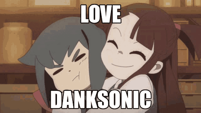 a cartoon of two girls hugging with the words love danksonic above them