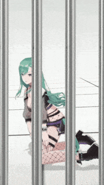 a girl with green hair is behind bars in a prison cell