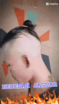 a man with a shaved head has the name bedebah jaguar written on the bottom