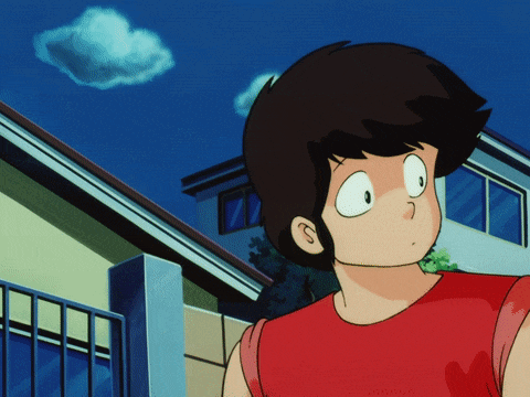 a boy in a red shirt is standing in front of a house with a cloud in the sky