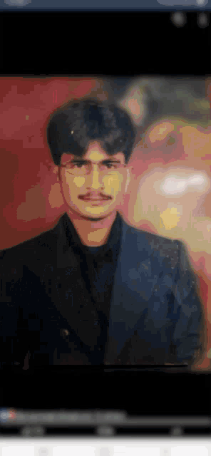 a man with glasses and a mustache is wearing a black suit and black shirt