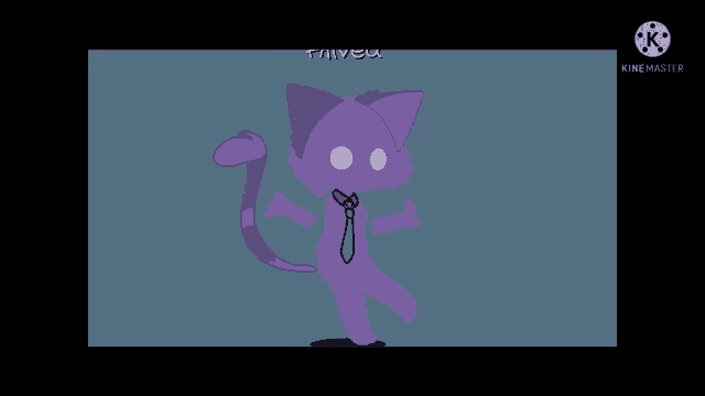 a purple cat is wearing a tie and standing in the dark .