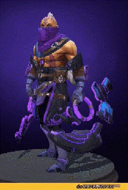 a statue of a man with a purple and orange outfit