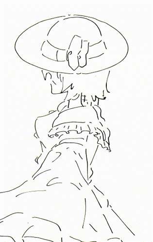 a black and white drawing of a person with a hat