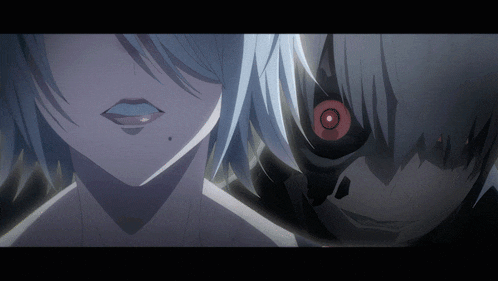 a close up of a woman 's face and a man 's face with red eyes