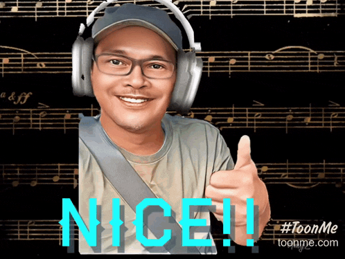 a man wearing headphones is giving a thumbs up with the word nice written in blue
