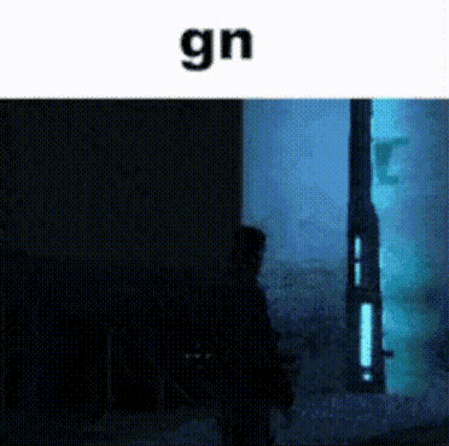 a silhouette of a person standing in front of a building with the word gn written on it .