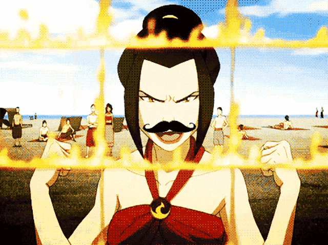 a woman with a moustache is standing in front of a fire