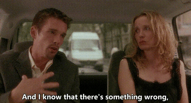 a man and a woman are sitting in a car and the man is saying `` and i know that there 's something wrong ''