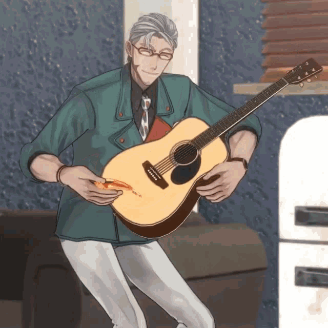 a man is holding a guitar and a pizza in his hands