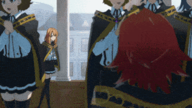 a group of anime characters are standing in a room and one of them is wearing a cape that says ' samurai '
