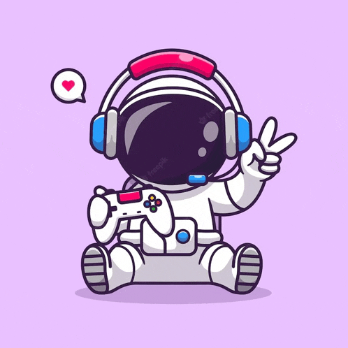 an astronaut wearing headphones and holding a video game controller giving a peace sign