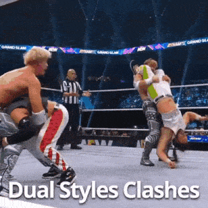 two wrestlers in a wrestling ring with the words dual styles clashes below them