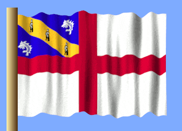 a red white and blue flag with horses on it is waving