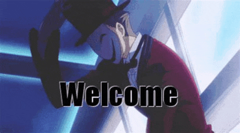 a man wearing a top hat is standing in front of a sign that says `` welcome '' .