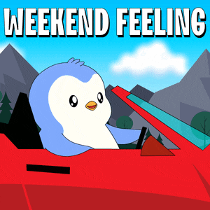 a penguin driving a red car with the words weekend feeling