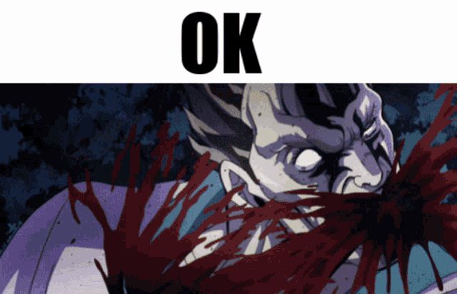 a cartoon of a man with blood coming out of his mouth and the word ok below it
