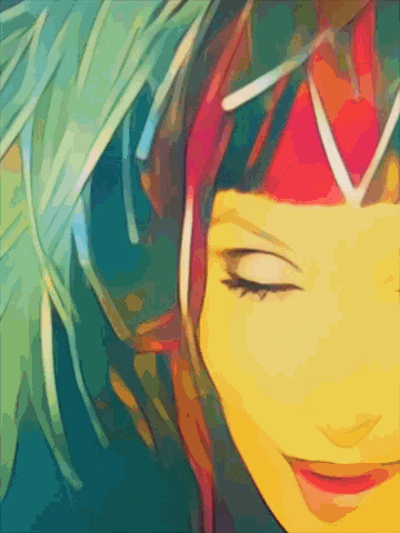 a close up of a woman 's face with her eyes closed in a painting