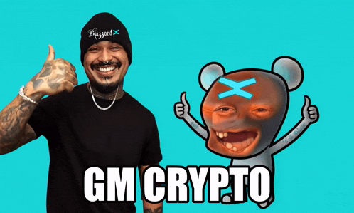 a man giving a thumbs up next to a cartoon bear that says gm crypto on it
