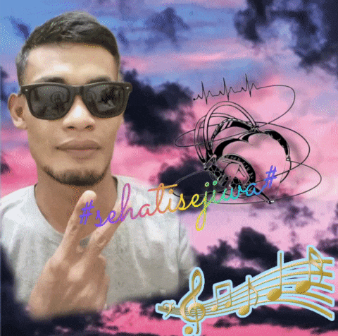 a man wearing sunglasses stands in front of a cloudy sky with the words # sehatsejiwa written on it