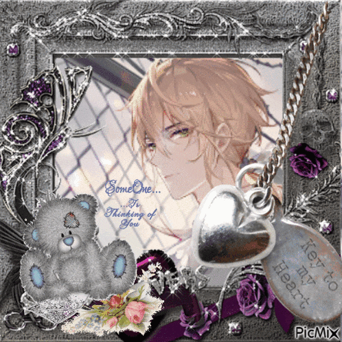 a picture of a boy with a teddy bear and a necklace that says someone is thinking of you