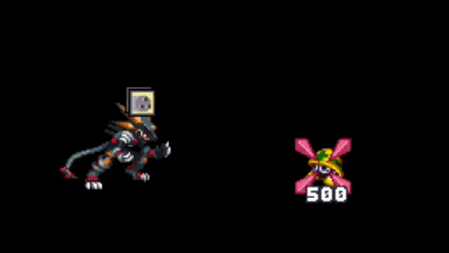 a pixel art of a man coming out of a purple explosion with the number 500 next to it .