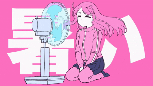 a girl with pink hair is kneeling down in front of a fan