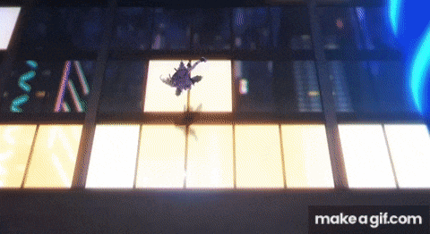a cartoon character is flying through the air in front of a building with lots of windows .