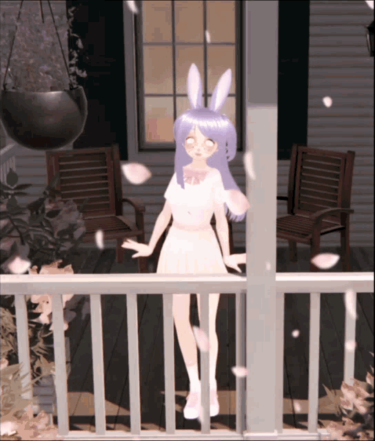 a girl with bunny ears stands on a balcony