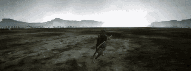 a person holding a stick in the middle of a field with mountains in the background