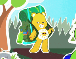 a care bear is carrying a green backpack on his back