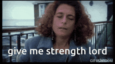 a woman with curly hair is praying with the words give me strength lord below her