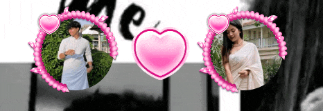 a man and a woman are standing next to each other with a heart in the middle